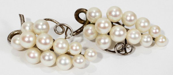 STERLING & PEARL EARRINGS, PAIR: STERLING & PEARL EARRINGS, PAIR:Each set with 12 pearls ranging from 4mm to 6mm in size. From the collection of Joseph and Norina Simon, Grosse Pointe Farms, Mi.