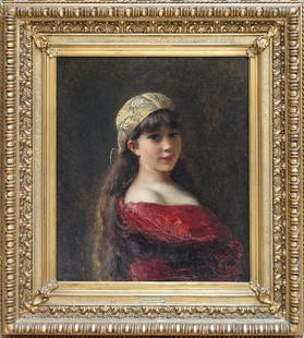 KONSTANTIN MAKOVSKY, OIL ON CANVAS BOARD, 1883: KONSTANTIN MAKOVSKY, OIL ON CANVAS BOARD, 1883, 26" X 22", YOUNG GIRL PORTRAIT: RUSSIAN 1839-1915:Signed and dated upper right; 26" x 22 1/2"; antique gilt frame. Ex. estate Joseph and Norina Simon, G