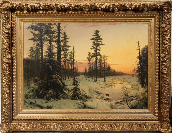 MORTIMER L. SMITH OIL ON CANVAS LUMINIST WINTER: MORTIMER L. SMITH, OIL ON CANVAS, LUMINIST WINTER LANDSCAPE, 1894, 28" X 40": AMERICAN 1840-1896:Possibly Rouge river.