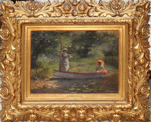 GILBERT GAUL, OIL ON CANVAS, 1882, 14" X 18": GILBERT GAUL, OIL ON CANVAS, 1882, 14" X 18": AMERICAN 1855-1919:Depicts two young ladies in a rowboat with park scene in the background. Signed and dated lower left. In gold leaf frame with grape and