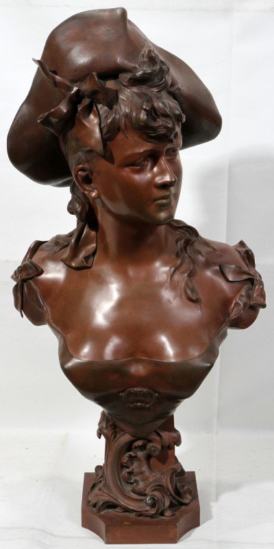 ALPHONSE HENRY NELSON, BRONZE SCULPTURE, H 29": ALPHONSE HENRY NELSON, BRONZE SCULPTURE, H 29", W 16", "JEUNE ELEGANTE AU CHAPON": FRENCH B. 1854:Height is the total height; light brown patina ('patue brun fonce'); titled and marked in a cartouche 