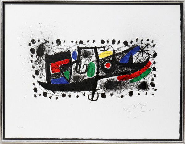 JOAN MIRO, COLOR LITHOGRAPH, 1970, 9" X 18": JOAN MIRO, COLOR LITHOGRAPH, 1970, 9" X 18" IMAGE, "JOAN MIRO UND KATALONIAN":Pencil signed; #28/90, floated in frame. Reference: Mourlot 667. Certificate of authenticity from Limited Edition Gallery,
