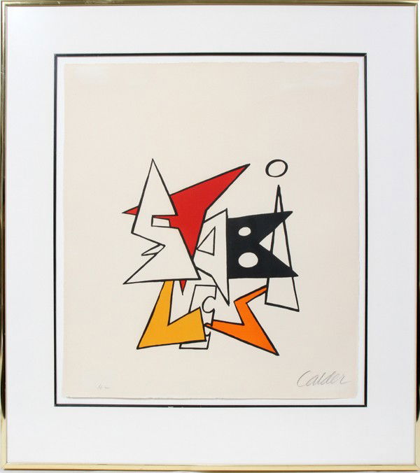 ALEXANDER CALDER, COLOR LITHOGRAPH, 10 3/4" X: ALEXANDER CALDER, COLOR LITHOGRAPH, 10 3/4" X 9 3/4" IMAGE, "PETITE STABILE": AMERICAN 1898-1976:Pencil signed; edition H.C.; 18" x 16" paper size; floated under non-glare glass in frame. Purchased fr