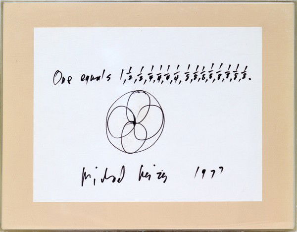 MICHAEL HEIZER INK DRAWING 1977 "ONE EQUALS---": MICHAEL HEIZER, INK DRAWING, 1977, "ONE EQUALS---" 6" X 9" IMAGE: AMERICAN B. 1944:8 1/2" x 11" paper; signed and dated at bottom; acrylic box frame.