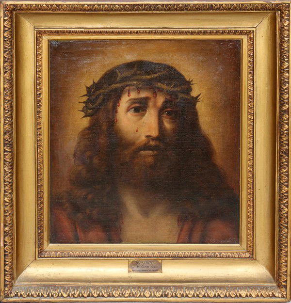 AFTER ANNIBALE CARRACCI, OIL ON CANVAS,: AFTER ANNIBALE CARRACCI, OIL ON CANVAS, C 1770-1820, 21" X 19", 'SALVATORE':Image depicts Christ as "Man of Sorrows"; unsigned; period gilt frame. From the collection of Joseph and Norina Simon, Gross