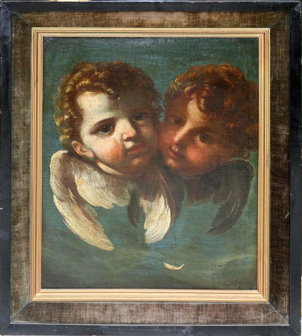 AFTER ANNIBALE CARRACCI, OIL ON CANVAS, 18TH C: AFTER ANNIBALE CARRACCI, OIL ON CANVAS, 18TH CENTURY, 19" X 16":Depicts two cherub heads. Unsigned. Black narrow frame, green velvet inner liner, gilt interior. Purchased from the Art Guild at St. Mar