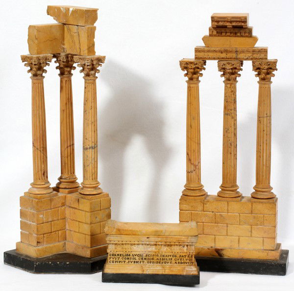 ITALIAN MODELS OF CLASSICAL RUINS, 3 PCS,: ITALIAN MODELS OF CLASSICAL RUINS, THREE PIECES, H 3"-13 1/2", IN THE MANNER OF GRAND TOUR:Including 2 with three Corinthian style columns supporting an entablature, one representing the ruins of the
