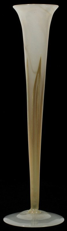 TIFFANY FAVRILE GLASS VASE 1916 H 10"-REPAIRED: TIFFANY FAVRILE GLASS VASE, 1916, H 10"-REPAIRED:A trumpet-form white iridescent glass vase with gold fronds, on a circular base, signed "6196 J L. C. Tiffany-Favrile" at the underside (see additional