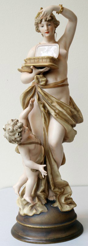 AUSTRIAN PORCELAIN FIGURE, DIANA AND CUPID, : AUSTRIAN PORCELAIN FIGURE, DIANA AND CUPID, H 16 1/2", W 7": From the collection of Joseph and Norina Simon, Grosse Pointe Farms, Mi.