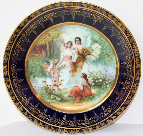ROYAL VIENNA PORCELAIN PLATE, EARLY 20TH C.,: ROYAL VIENNA PORCELAIN PLATE, EARLY 20TH C., DIA 9 3/4":Transfer-decorated with fired gold accents. From the collection of Joseph and Norina Simon, Grosse Pointe Farms, Mi.
