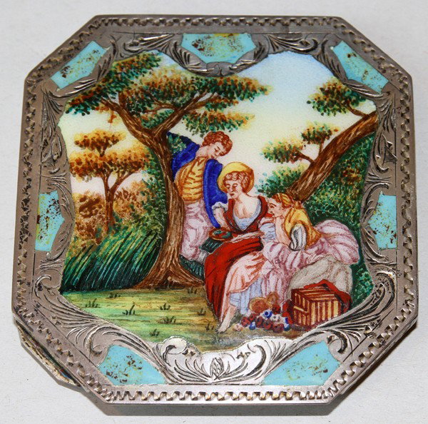 CONTINENTAL STYLE SILVER & ENAMEL COMPACT, : CONTINENTAL STYLE SILVER & ENAMEL COMPACT, C. 1930, W 3":Courting scene. From the collection of Joseph and Norina Simon, Grosse Pointe Farms, Mi.
