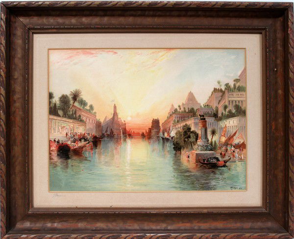 AFTER THOMAS MORAN CHROMOLITHOGRAPH, 10" X 14": AFTER THOMAS MORAN (AMERICAN 1837-1926), CHROMOLITHOGRAPH, 10" X 14" IMAGE SIZE:Hanging gardens of Babylon. Signed on the matt and inscribed with title in pencil.