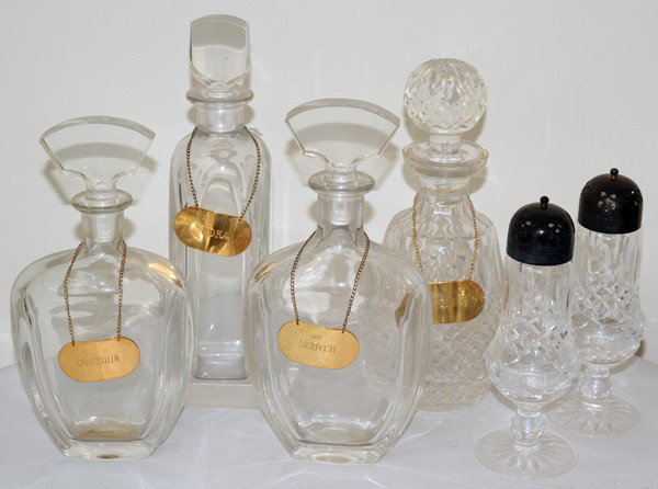 WATERFORD CRYSTAL DECANTER, MUFFINEERS & : WATERFORD CRYSTAL DECANTER, MUFFINEERS & SWEDISH DECANTERS, SIX PIECES:Waterford crystal includes 1 decanter, H.11", and 2 muffineers, H.8"; together with 1 Orrefors decanter, H.12", and 2 Swedish dec