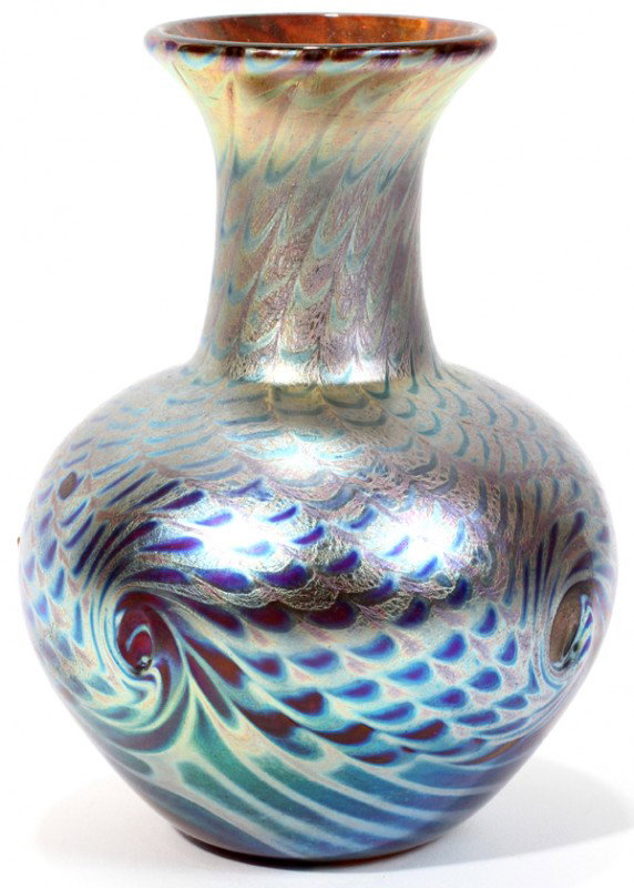 STUDIO ART GLASS VASE, SIGNED, 1984, H 4": STUDIO ART GLASS VASE, SIGNED, 1984, H 4":Amber glass with iridescent pulled scale pattern, signed at the underside, possibly "Riley", and dated 1984.