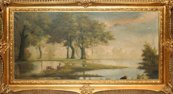 AMERICAN OIL ON CANVAS, ANTIQUE, 24" X 18", : AMERICAN OIL ON CANVAS, ANTIQUE, 24" X 18", LANDSCAPE:Image depicts a meadow with two deer at the left in the foreground. No apparent signature. Within a gilt frame.