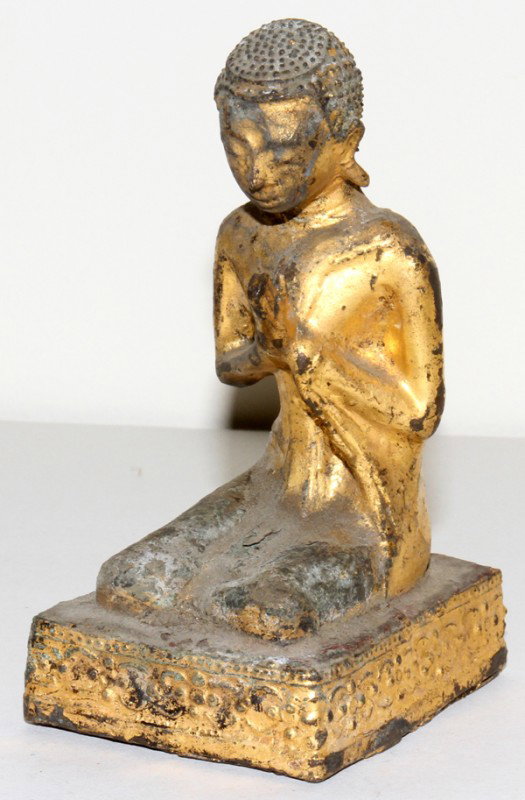 INDIAN GILT METAL FIGURE, BUDDHA IN PRAYER, : INDIAN GILT METAL FIGURE, BUDDHA IN PRAYER, H 4 1/2":Measures H.4 1/2" x 2" x 2 1/2'. From the collection of Joseph and Norina Simon, Grosse Pointe Farms, Mi.