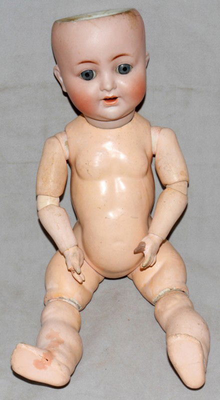 ALT, BECK & GOTTSCHALCK BISQUE HEAD DOLL, L 17": ALT, BECK & GOTTSCHALCK BISQUE HEAD DOLL, L 17":Hand painted bisque head baby doll with sleep eyes and open mouth revealing two teeth, incised at the back "ABG" over "1361/40" with jointed wood body.