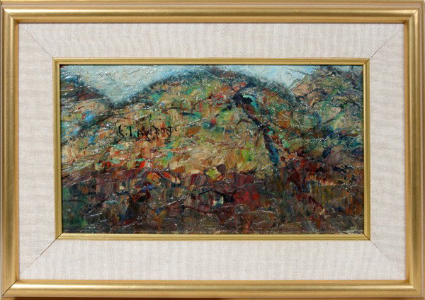 ERNEST LAWSON, OIL ON BOARD, 7" X 13", HILLTOP: ERNEST LAWSON, OIL ON BOARD, 7" X 13", HILLTOP: AMERICAN 1873-1939:7 1/4" x 13 1/2"; signed upper left; framed.