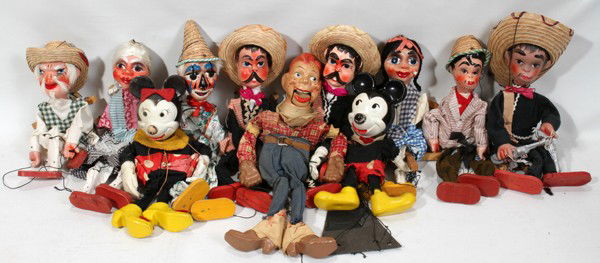 VINTAGE PAPIER MACHE MARIONETTES (15),: VINTAGE PAPIER MACHE MARIONETTES (15), MICKEY MOUSE, MINNIE MOUSE, HOWDY DOODY & OTHERS:Including 1 vintage Mickey Mouse and 1 vintage Minnie Mouse set, L.11 1/2"; 1 vintage Howdy Doody, L.17"; as wel