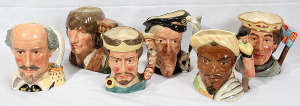 ROYAL DOULTON TOBY MUG GROUPING, SIX, H 8": ROYAL DOULTON TOBY MUG GROUPING, SIX, H 8":"Henry V"; "Macbeth" "Romeo", "Hamlet", "William Shakespeare", "Othello";