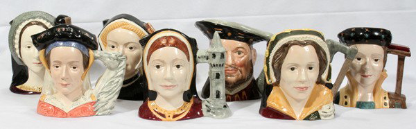 ROYAL DOULTON TOBY MUGS, SEVEN, H 8": ROYAL DOULTON TOBY MUGS, SEVEN, H 8":"Jane Seymour", "Catherine Hayward", "Anne of Cleves", "Anne Boleyn", "Catherine of Aragon", "Catherine Parr", "Henry VIII";