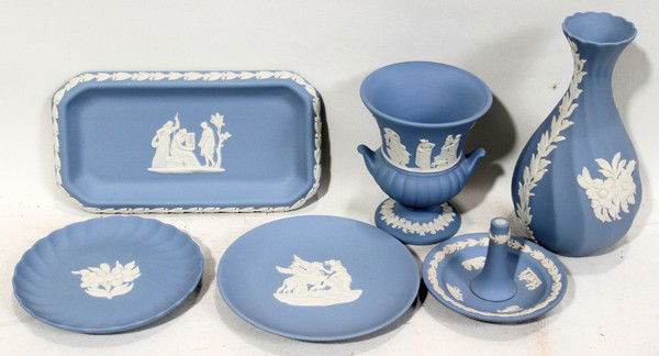 WEDGWOOD BLUE PORCELAIN SIX PIECES: WEDGWOOD BLUE PORCELAIN SIX PIECES:Including a ring holder, two vases H 3 1/4" and 5 1/4" and three dresser pieces, one tray, 4" x 8", two small dishes 5" dia.
