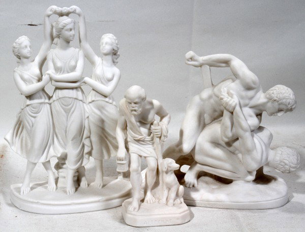BISQUE FIGURINES, 3, MUSEUM REPLICAS, 3 GRACES: BISQUE FIGURINES, THREE, MUSEUM REPLICAS, THREE GRACES ETC:classical figures of young girls, two Greco Roman wrestlers with inscription on base: 'Wrestlers', and old man with dog and inscription on ba
