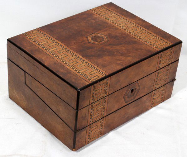 ENGLISH INLAID BURL WALNUT LAP DESK, C. 1850,: ENGLISH INLAID BURL WALNUT LAP DESK, C. 1850, H 6", W 10":Hinged top and fold-out writing surface, place for inkwell and pens. Measures H.6" x 10 1/2" x 8 1/2".