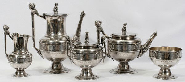 GORHAM "OLD SILVER" TEA & COFFEE SET, C. 1865,: GORHAM "OLD SILVER" TEA & COFFEE SET, C. 1865, FIVE PIECES, RENAISSANCE REVIVAL:Renaissance revival with Greek elements, "Medallion" pattern, including 1 teapot, H.8", 1 coffee pot, H.11", 1 creamer,