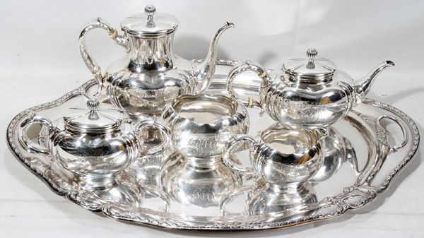 WHITING DIV OF GORHAM STERLING TEA & COFFEE SET: WHITING DIV. OF GORHAM STERLING TEA & COFFEE SET, FIVE PIECES, & SILVERPLATE TRAY BY GORHAM:The sterling silver set includes 1 coffee pot, H.8" (20.4 troy oz.), 1 teapot (16.7 troy oz.), 1 creamer (7.