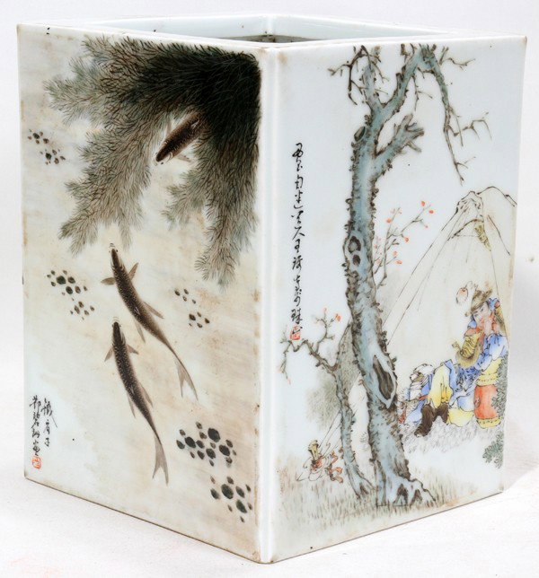 CHINESE SQUARE PORCELAIN VASE,H 8 1/4" W 6 1/2": CHINESE SQUARE PORCELAIN VASE, H 8 1/4", W 6 1/2", L 6 1/2":Marked.