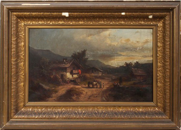 GERMAN SCHOOL OIL ON CANVAS, SIGNED, 19TH C.,: GERMAN SCHOOL OIL ON CANVAS, SIGNED, 19TH C., 18" X 31", MOUNTAIN LANDSCAPE WITH FIGURES:A mountainous setting with dwellings and figures in the mid ground, illegibly signed lower left (see additional