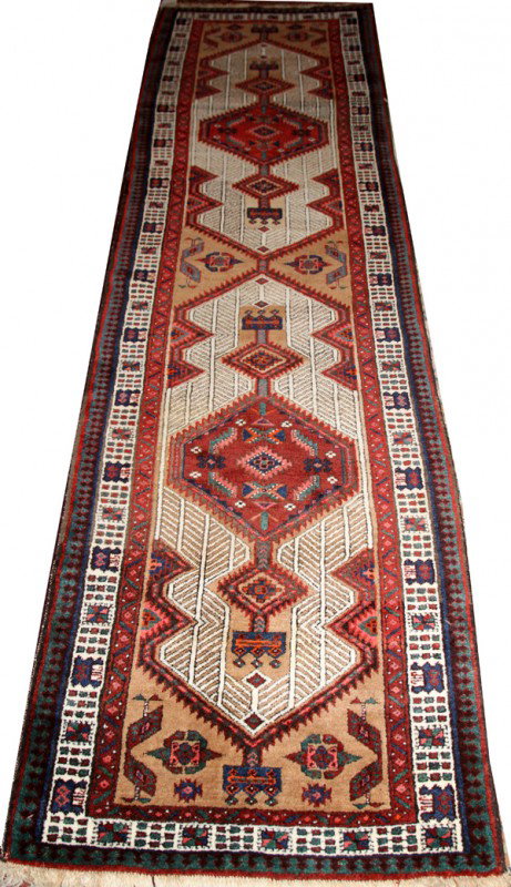 HAMADAN HAND-MADE ORIENTAL RUG, 10' 8" X 3' 6": HAMADAN HAND-MADE ORIENTAL RUG, 10' 8" X 3' 6":In shades of blue, red and ivory. Runner. From the collection of Dr Douglas Crary, Ann Arbor, Mi.