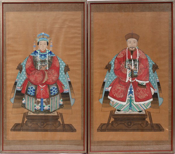 CHINESE ANCESTRAL PORTRAITS, PAIR, 21" X 12": CHINESE ANCESTRAL PORTRAITS, PAIR, 21" X 12":hand painted on silk. From the collection of Dr Douglas Crary, Ann Arbor, Mi.