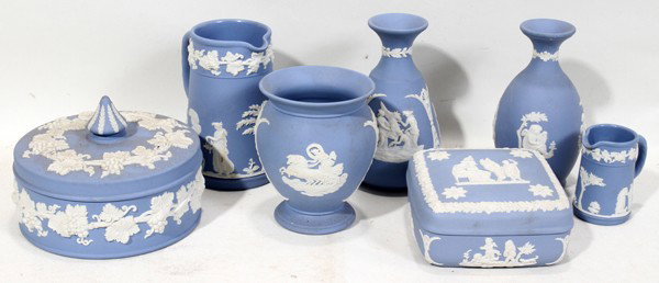 WEDGWOOD LIGHT BLUE JASPER WARE BOXES & VASES, : WEDGWOOD LIGHT BLUE JASPER WARE BOXES & VASES, SEVEN PIECES:Including a round covered box H 2", Dia 5"; a square covered box H 1 3/4", L 4", D 4"; two vases H 4 7/8" and H 3 7/8", Dia 3 1/8" and two p