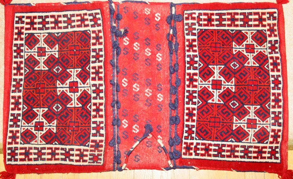 ORIENTAL HAND-WOVEN SADDLE BAG, 2' 10" X 1' 9": ORIENTAL HAND-WOVEN SADDLE BAG, 2' 10" X 1' 9":all wool, hand woven. Geometric motif. From the Estate of Arpena Kahayian, Beverly hills, Mi.