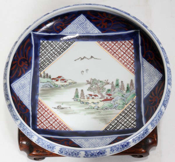 JAPANESE IMARI PORCELAIN DISH, DIA 9 1/2": JAPANESE IMARI PORCELAIN DISH, DIA 9 1/2":Inverted sides. Signed. River scene with Mt Fuji in distance. From the collection of Dr Douglas Crary, Ann Arbor, Mi.