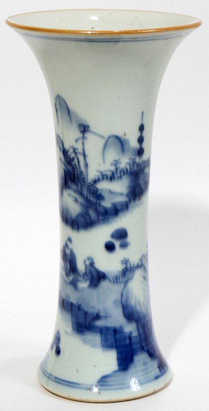 CHINESE CANTON PORCELAIN VASE C 1840, H 7": CHINESE CANTON PORCELAIN VASE C 1840, H 7":Inverted sides. Under glaze blue decoration. River scene with limestone cliffs.