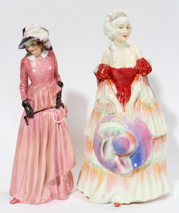 ROYAL DOULTON FIGURINES, MAUREEN AND VERONICA,: ROYAL DOULTON FIGURINES, MAUREEN AND VERONICA, TWO:Maureen HN 1770 holding riding crop and wearing shaded pink dress. Veronica with no HN mark exquisitely hand painted with nice shading.