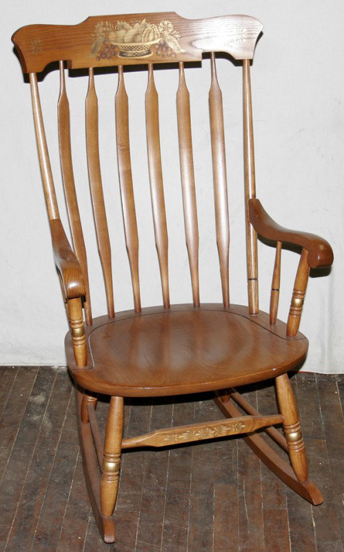 HITCHCOCK OF CONNECTICUT CHERRY ROCKING CHAIR,: HITCHCOCK OF CONNECTICUT CHERRY ROCKING CHAIR, LATE 20TH CENTURY:Five slats at the back, stenciled motif.