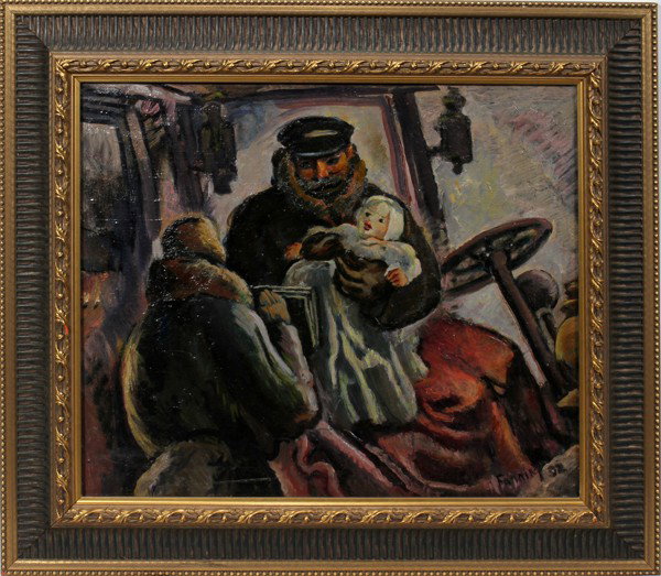 WILLIAM FANNING OIL ON CANVAS, 1932, 21" X 25",: WILLIAM FANNING [AM 1887-1966], OIL ON CANVAS, 1932, 21" X 25", TEAMSTER AND FAMILY:A period painting featuring a man seated in a truck, holding a child and speaking to a woman. Framed and signed "Fan