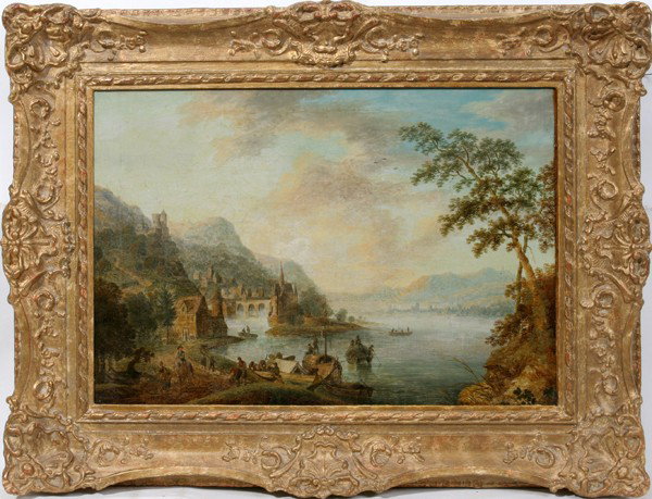MANNER OF CHRISTIAN GEORG SCHUTZ, OIL ON CANVAS: MANNER OF CHRISTIAN GEORG SCHUTZ, OIL ON CANVAS, 16" X 22", 19TH C., 'CASTLE ON RHINE':Depicts a harbor town that shows inhabitants busy at work, no apparent signature, in a gilt frame, hand-written i