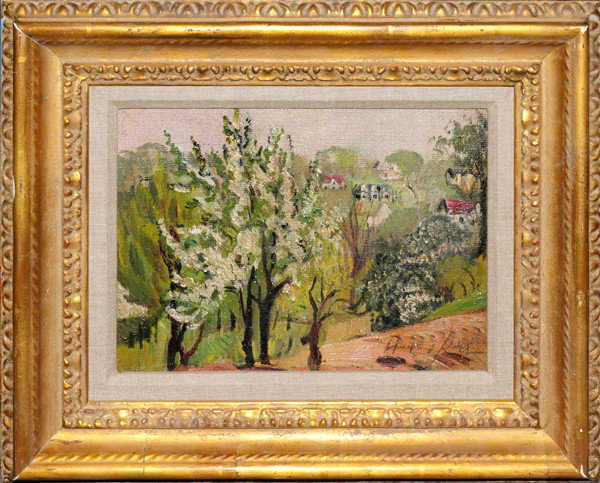 HAYLEY LEVER N.A., OIL ON CANVAS BOARD 9" X 12": HAYLEY LEVER N.A., OIL ON CANVAS BOARD, 9" X 12", "SPRING TREES, WEST CHESTER NY STATE":Signed lower right; signed and titled on verso; framed. Kennedy Galleries 21128.