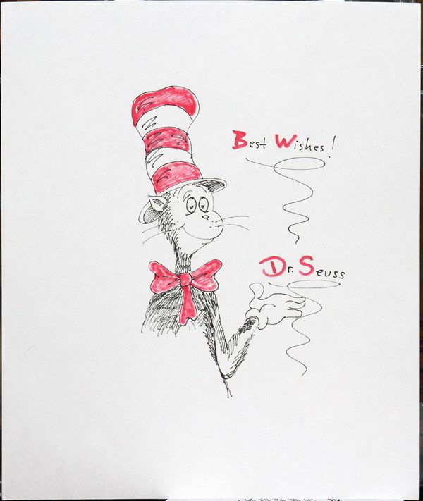 DR. SEUSS, INK AND CRAYON DRAWING, CAT IN HAT: DR. SEUSS, INK AND CRAYON DRAWING, CAT IN HAT, 11" X 8": AMERICAN 1904-1991: