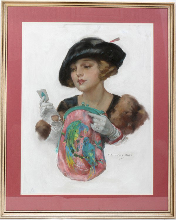 JOHN KNOWLES HARE, PASTEL, 28" X 21" SIGHT, : JOHN KNOWLES HARE, PASTEL, 28" X 21" SIGHT, "LADY WITH HANDBAG": AMERICAN 1884-1947:Signed lower right; early 20th c.; modern frame; unidentified label on verso states that it was created for the Satu