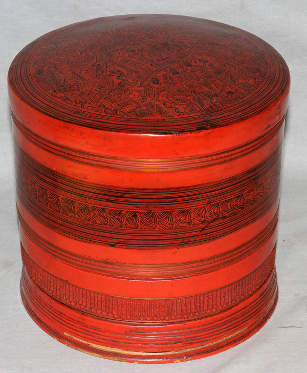 BURMESE LACQUER TIERED CYLINDRICAL CONTAINER,: BURMESE LACQUER TIERED CYLINDRICAL CONTAINER, H 7", DIA 8":Antique. Red and black.