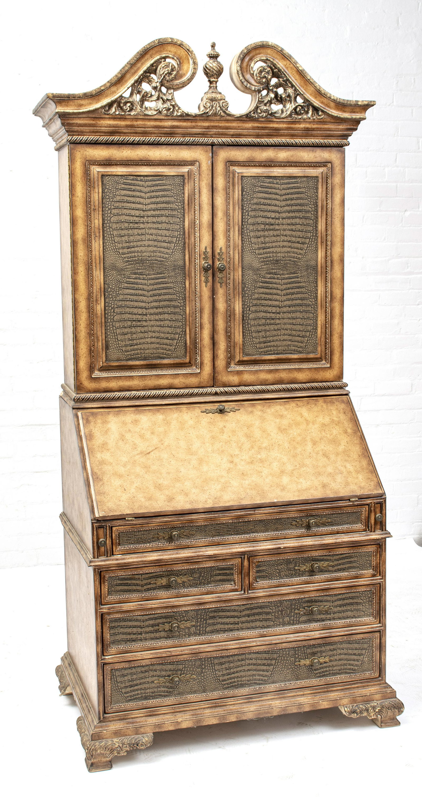 ENGLISH CHIPPENDALE STYLE DROP FRONT SECRETARY, C. 1980: ENGLISH CHIPPENDALE STYLE DROP FRONT SECRETARY, C. 1980 H 86", W 41" Having faux alligator door and drawer panels. Doors open to reveal niches for letters and drawers for storage. Depth 25". Property 