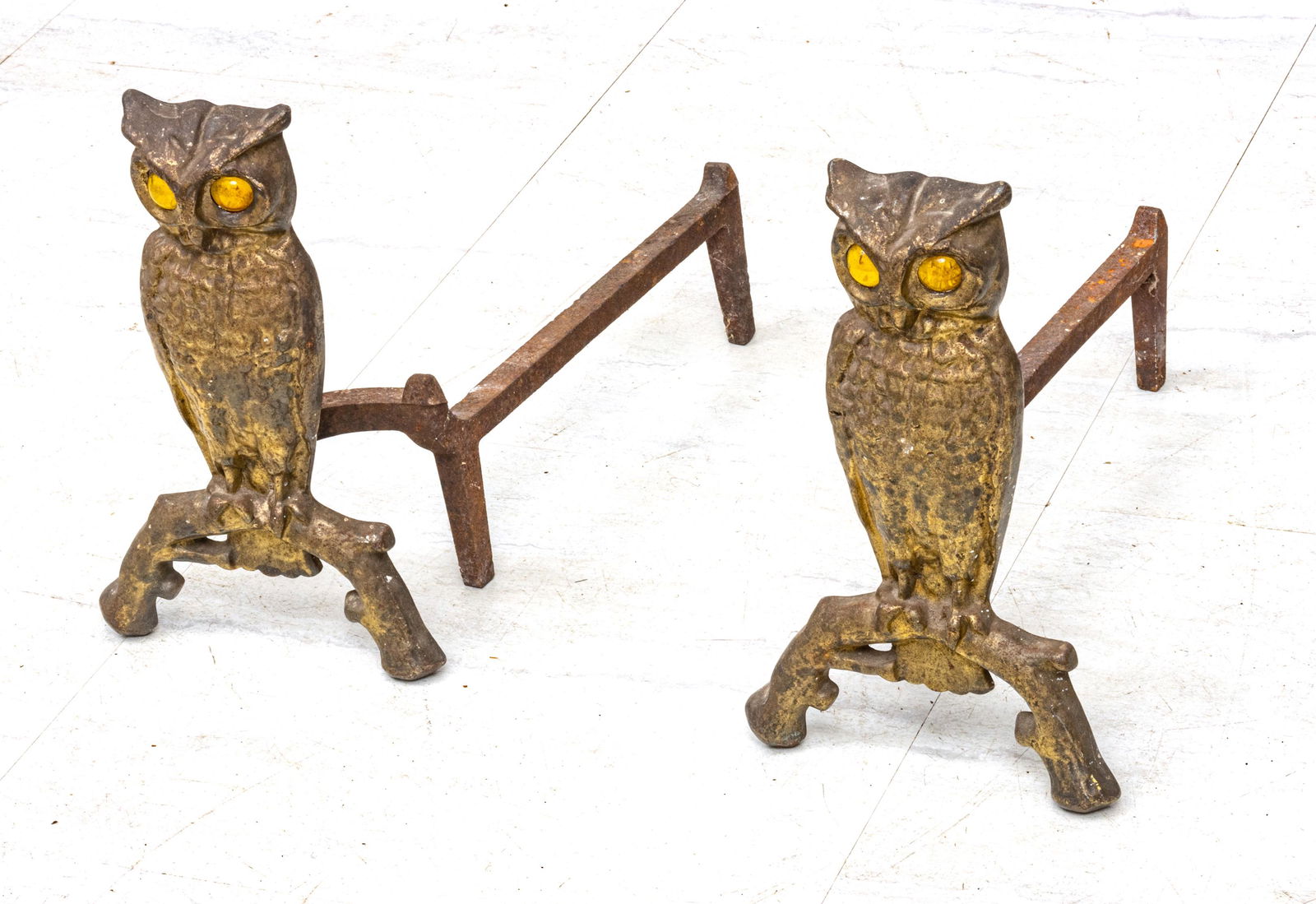 IRON "OWL" FIREPLACE ANDIRONS C 1900 H 12" W 8" (1 of 2)