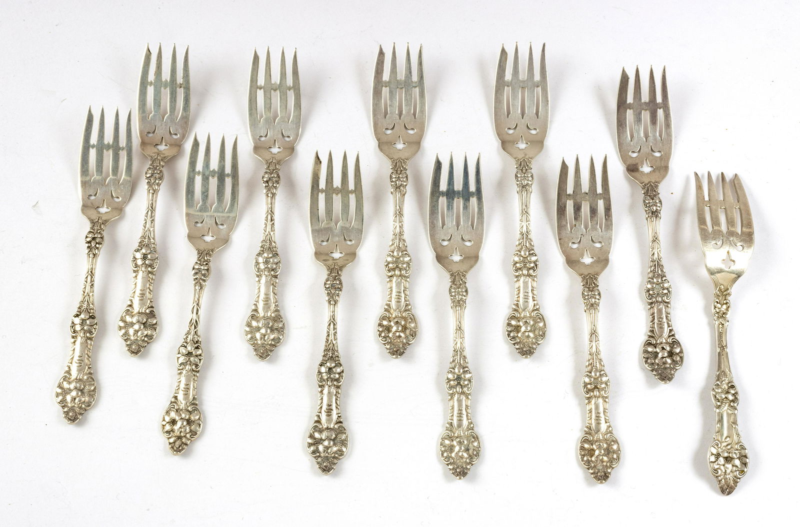ALVIN STERLING SALAD FORKS "OLD ORANGE BLOSSON" 11,: ALVIN STERLING SALAD FORKS "OLD ORANGE BLOSSON" 11, 10.9TO Circa 1900. "S" monogram.