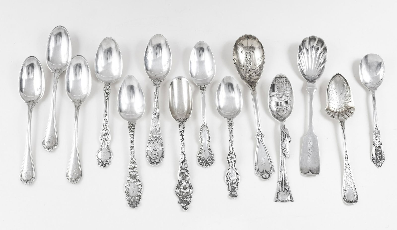 STERLING SILVER FANCY TEASPOONS (6) C 1900, 12PCS  + 2 (1 of 2)
